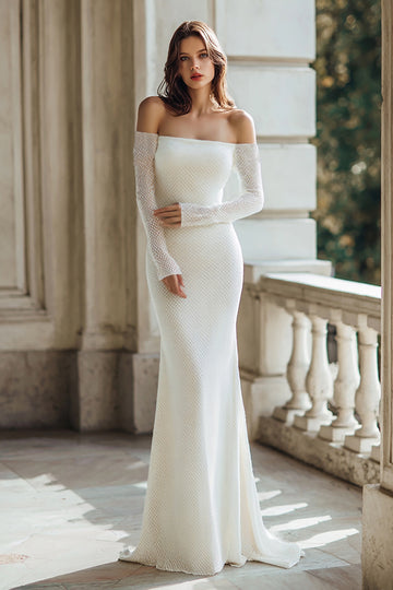 Ivory Off The Shoulder Mermaid Wedding Dress With Long Sleeves
